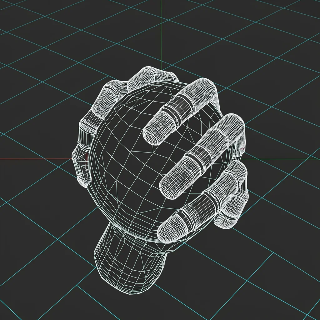 A robotic hand gripping a sphere, each mechanical finger joint detailed as a den