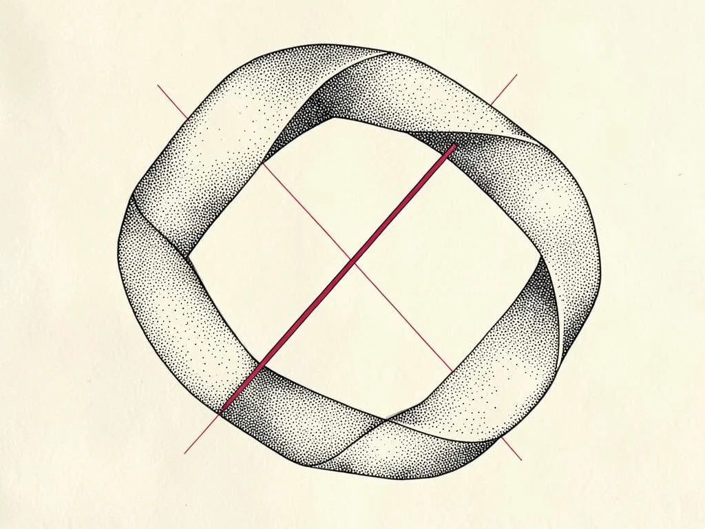 Sweeping looping ribbon of stippled texture forming a closed circuit around two 