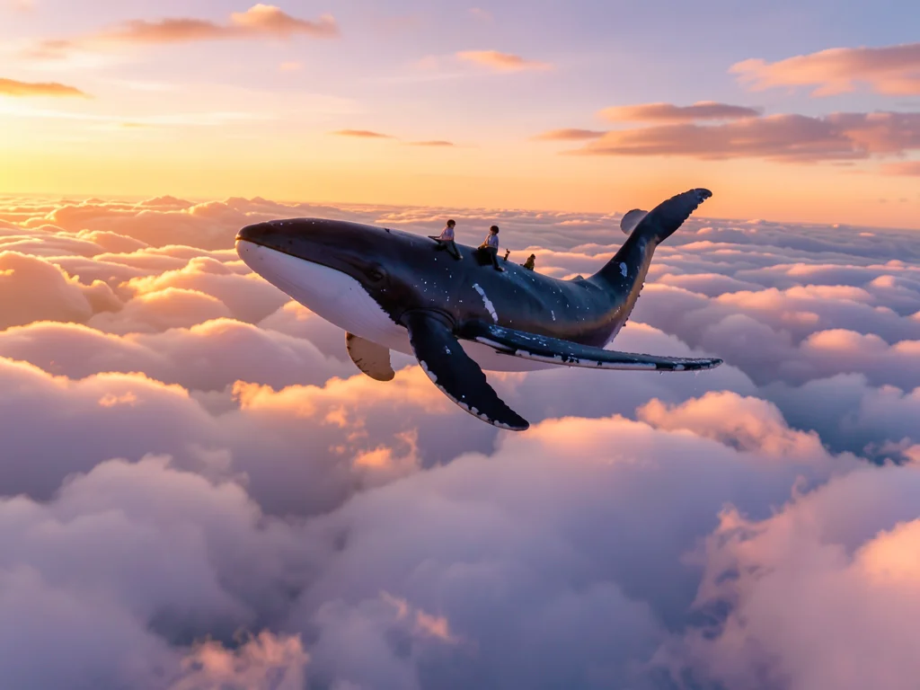 Flying whale above cloud layer, tiny passengers visible on its back, sunset
