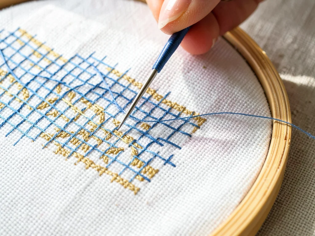 Cross-Stitch Grid Emerging in Blue and Gold