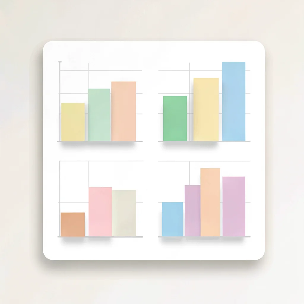 Overhead flat composition of a results-chart UI tile, four soft pastel bar group