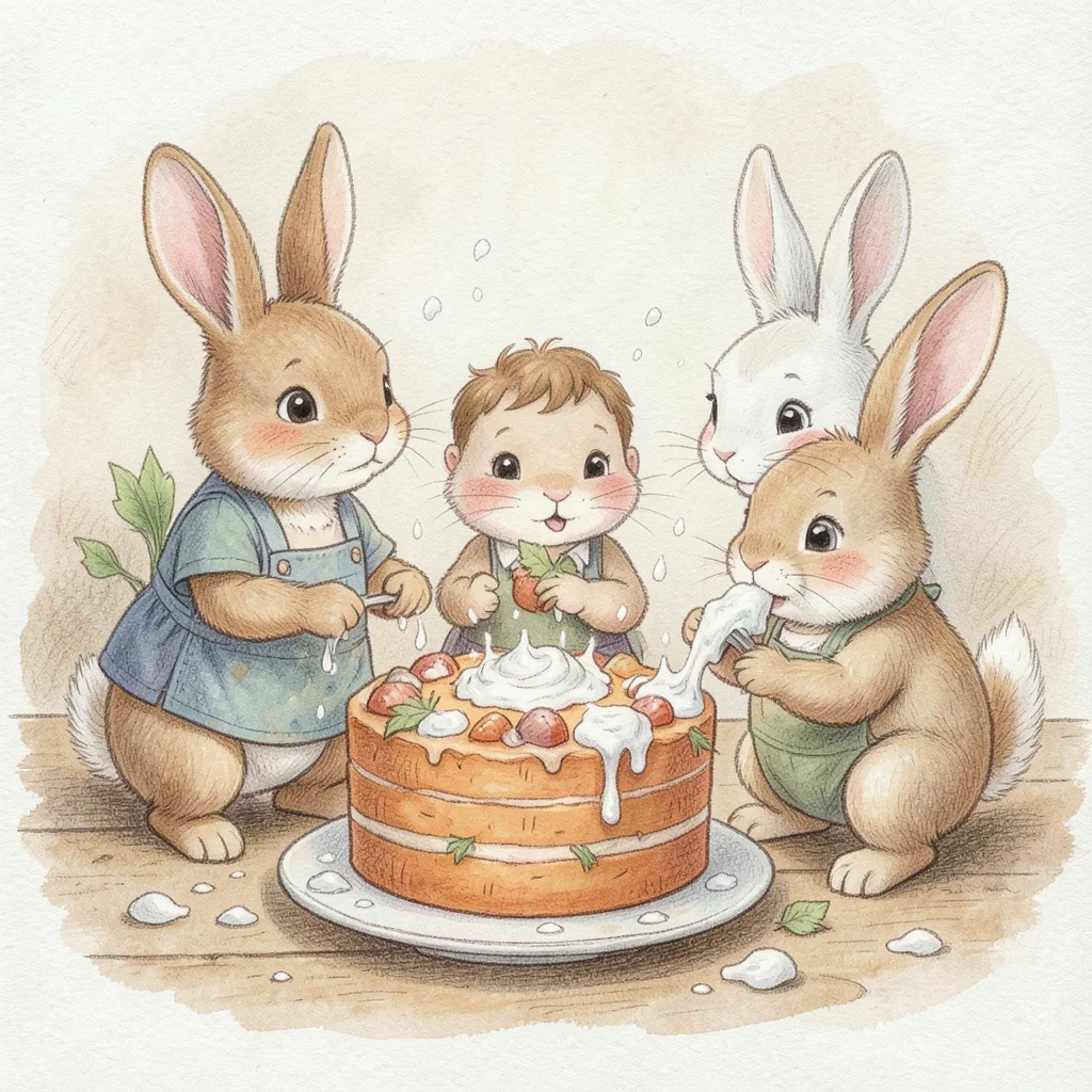 A family of rabbits decorating a carrot-shaped cake together, flour everywhere, 