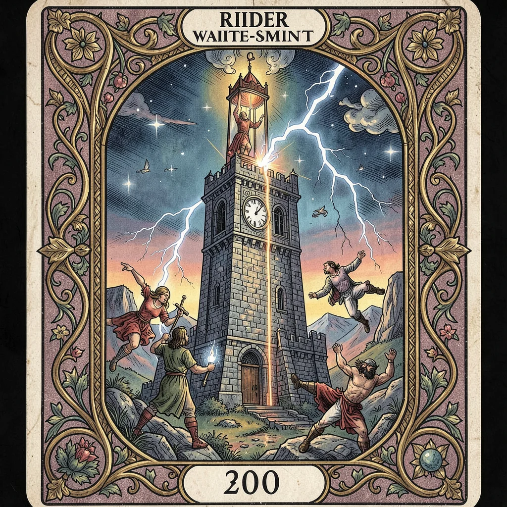 Tarot card illustration, The Tower struck by lightning, figures falling , symbol