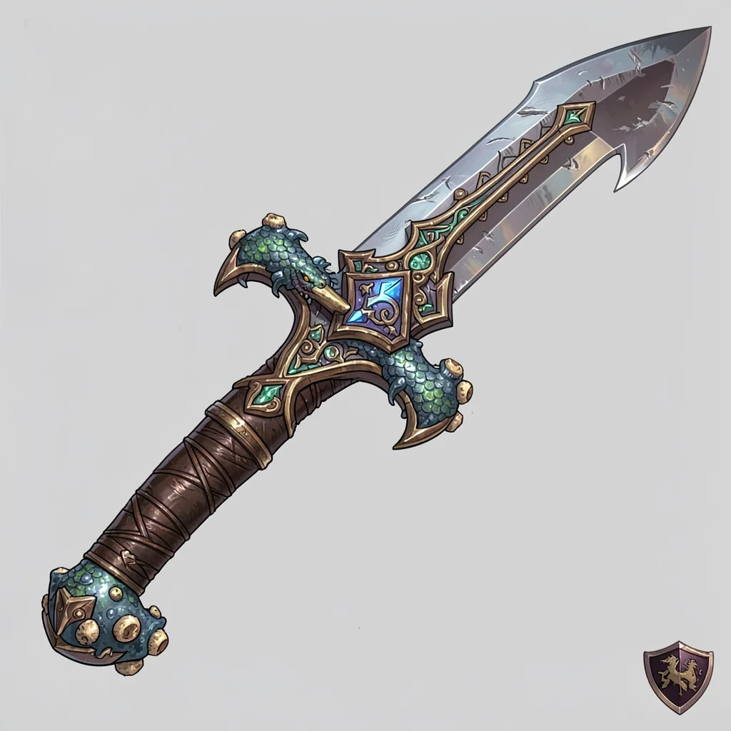 Fantasy weapon illustration, a pirate's cutlass with sea serpent guard, barnacle