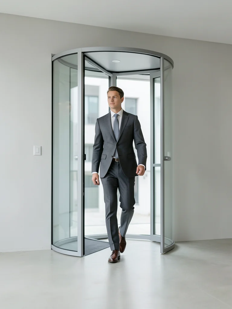 Young professional in a tailored suit walking through a revolving glass door