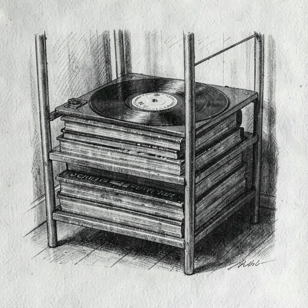 Charcoal study of stacked LPs cooling on a rack, archival paper grain