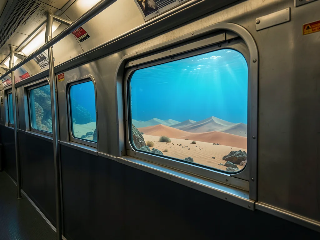 Commuter train but windows show different dimensions — space, underwater, desert