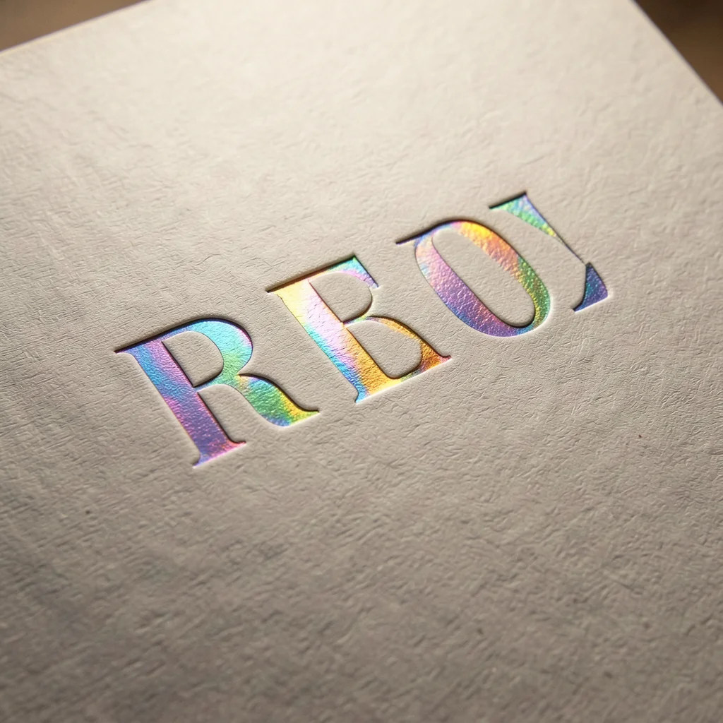 Holographic foil emboss detail, rainbow diffraction pattern following the stampe