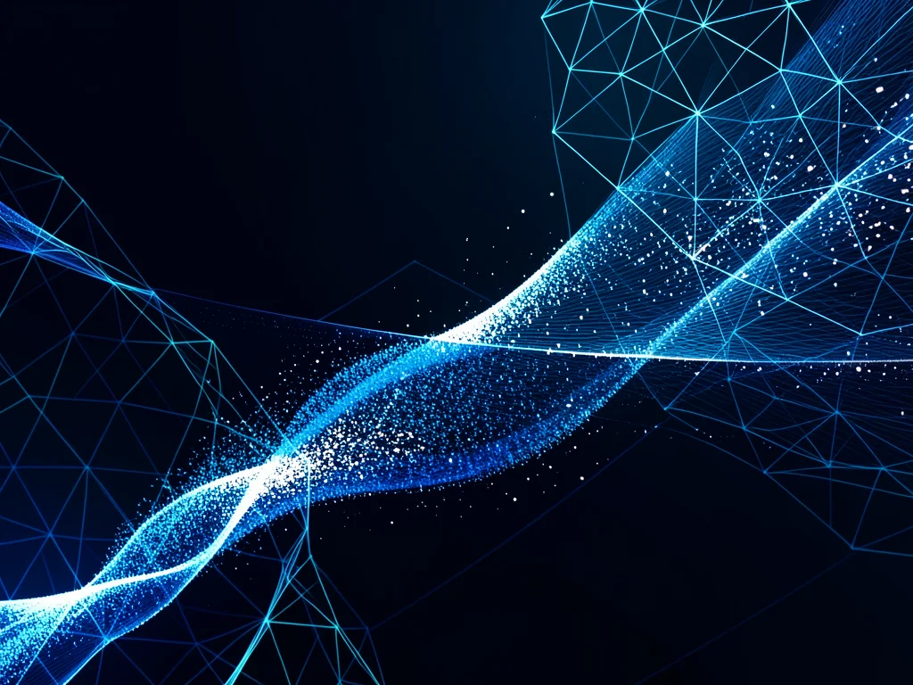Data visualization of flowing particles, blue and white streams on dark backgrou