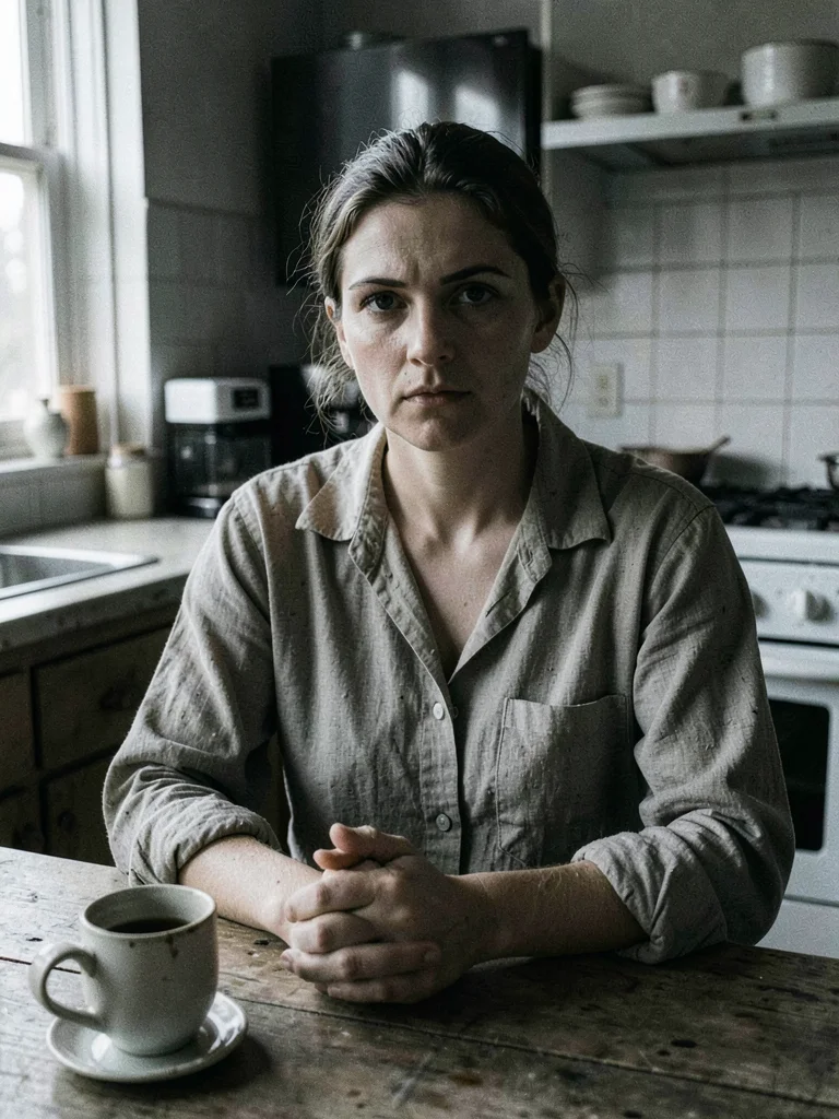 Woman at a kitchen table, hands folded, a half-empty coffee cup in front, early 