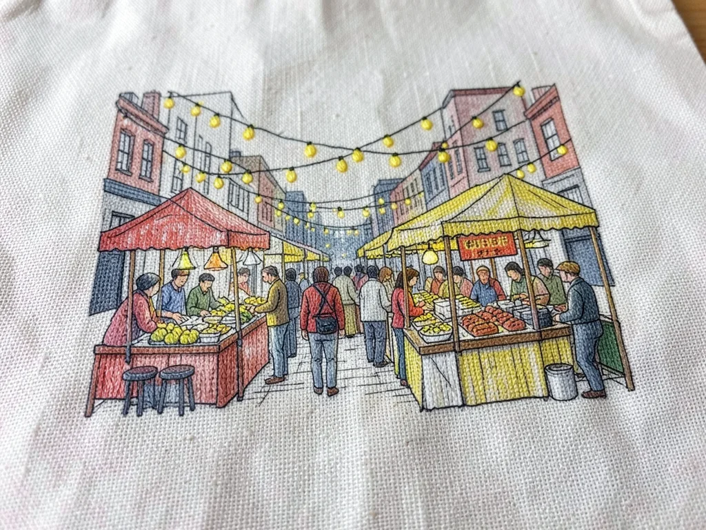 A night market scene with dozens of food stalls, string lights in yellow seed st