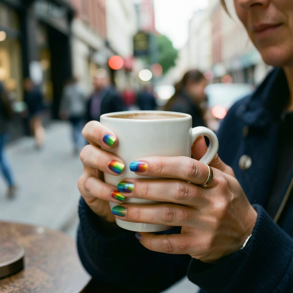 Close-up of rainbow painted nails holding coffee cup, cafe setting