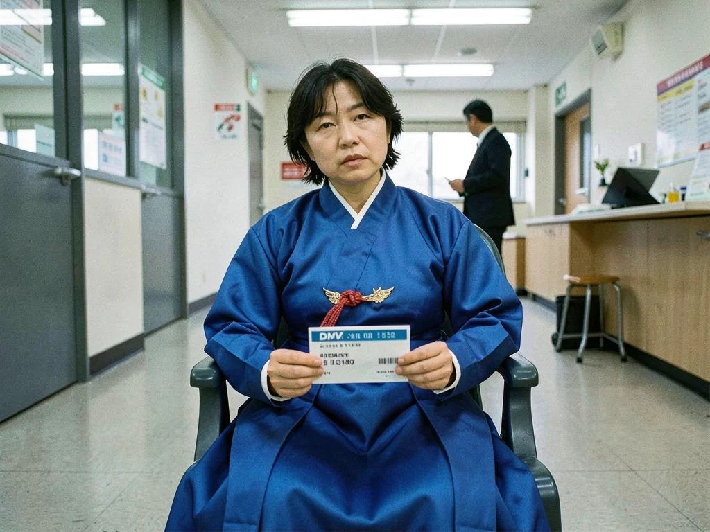 Person in royal blue hanbok sitting in plastic chair at DMV, ticket number in ha