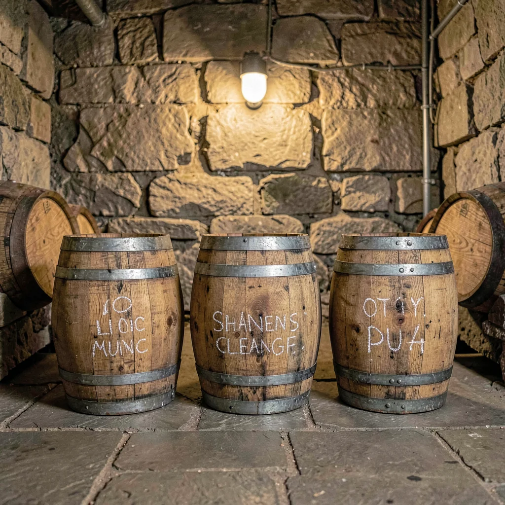 Three small oak casks resting in a stone cellar with chalk dating on the staves