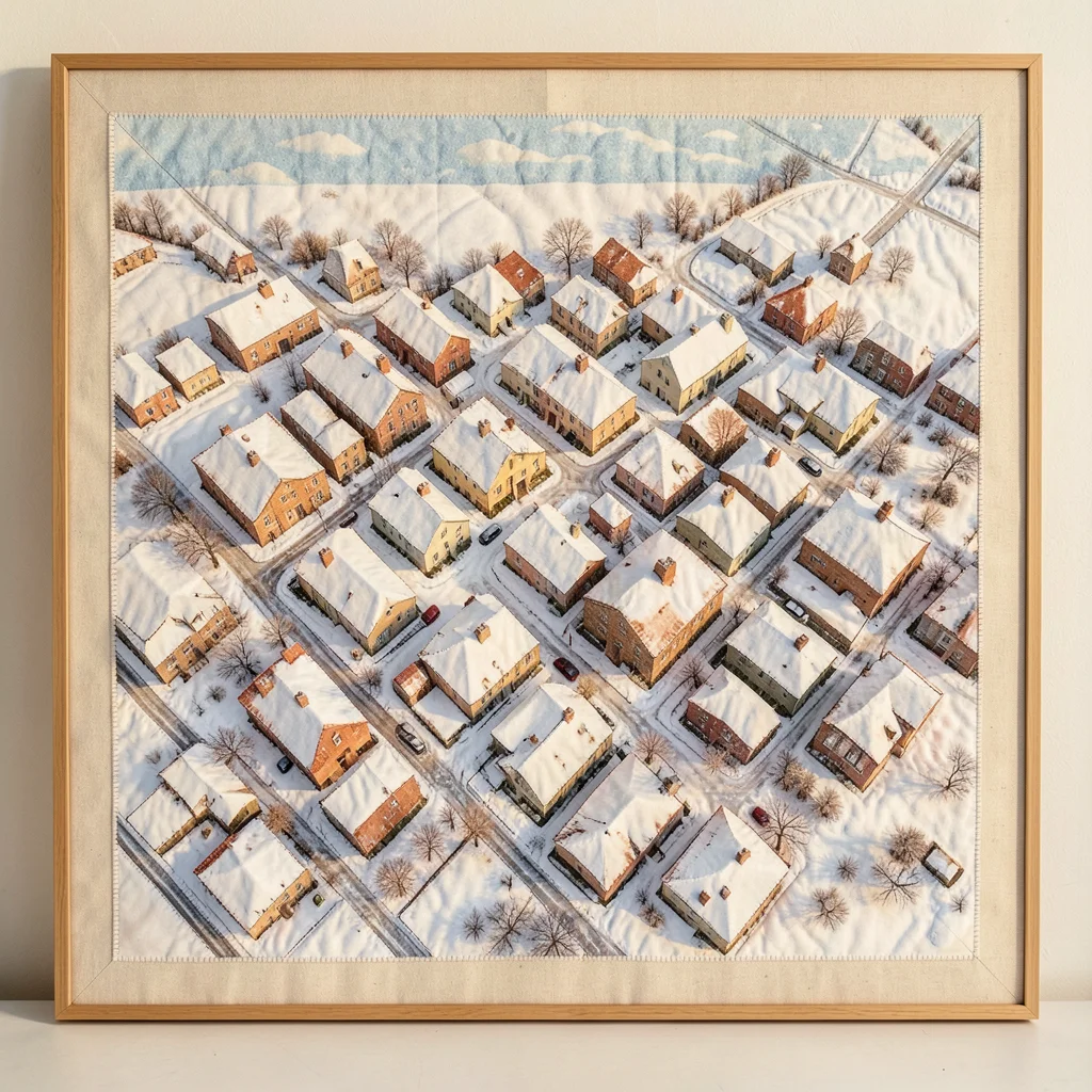 Quilted textile of winter town from above, white and warm fabric patches