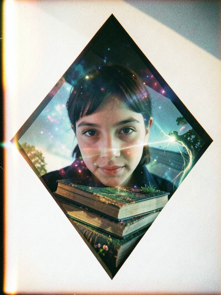 Double exposure of student's face with stacked books, geometric overlay
