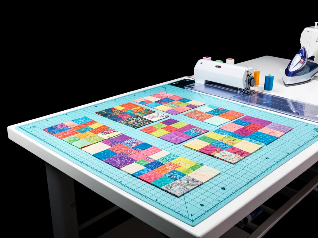 A quilter's cutting table with a quilt top in progress — half the squares sewn t