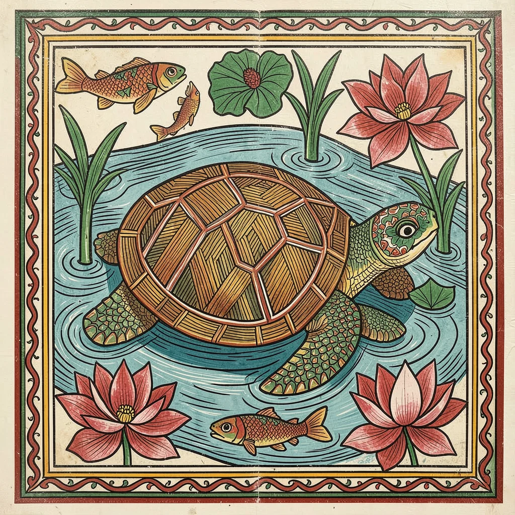 A turtle moving through water lilies — shell pattern filled with geometric hatch