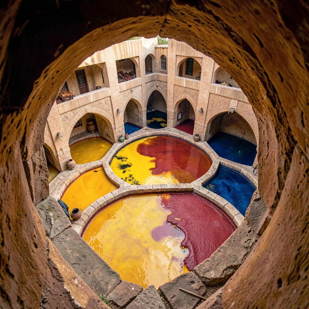 Through the Fes tannery eye, leather and dye craft, Looking down into the Chouar