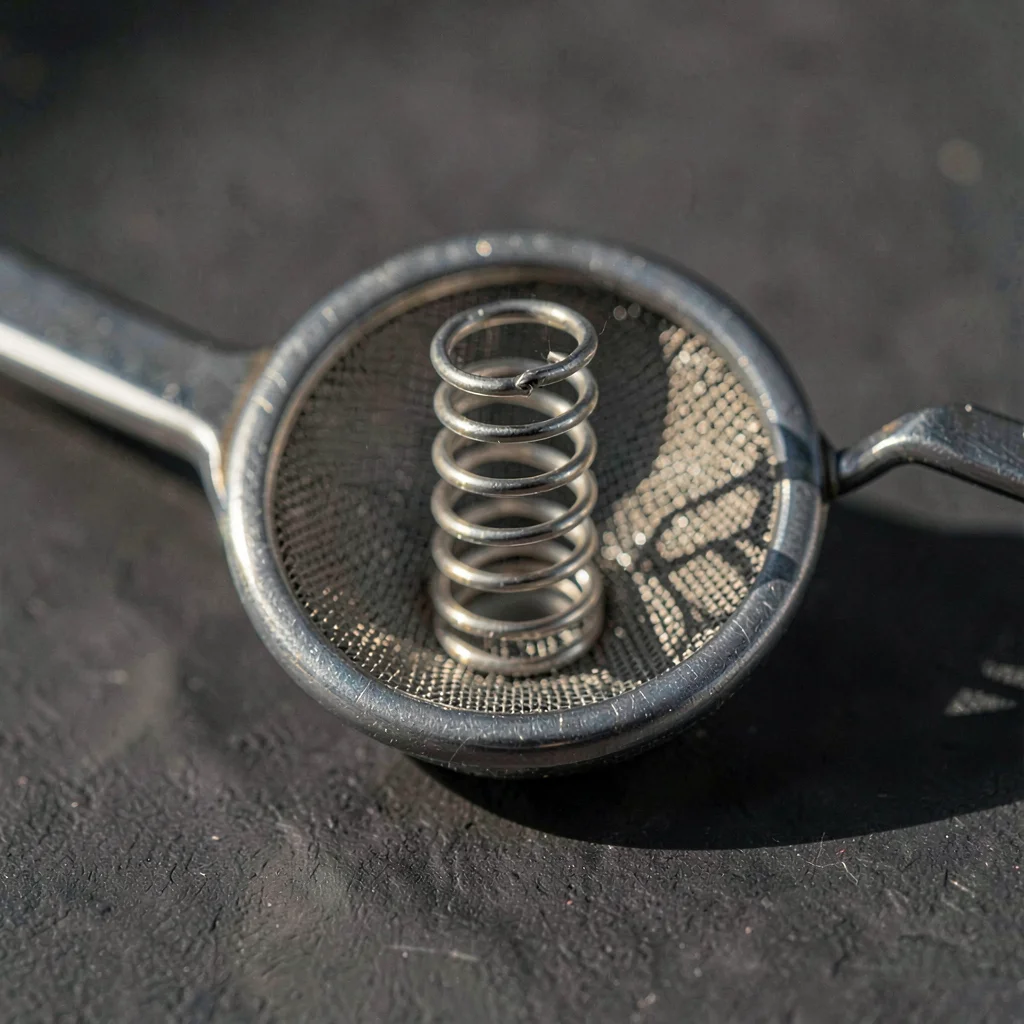 Macro lightbox study of a julep strainer head, coiled spring catching directiona