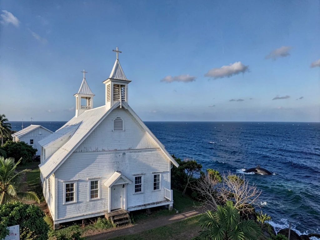 Sunday stillness in Nuku'alofa, Tonga, A white wooden church against deep blue o