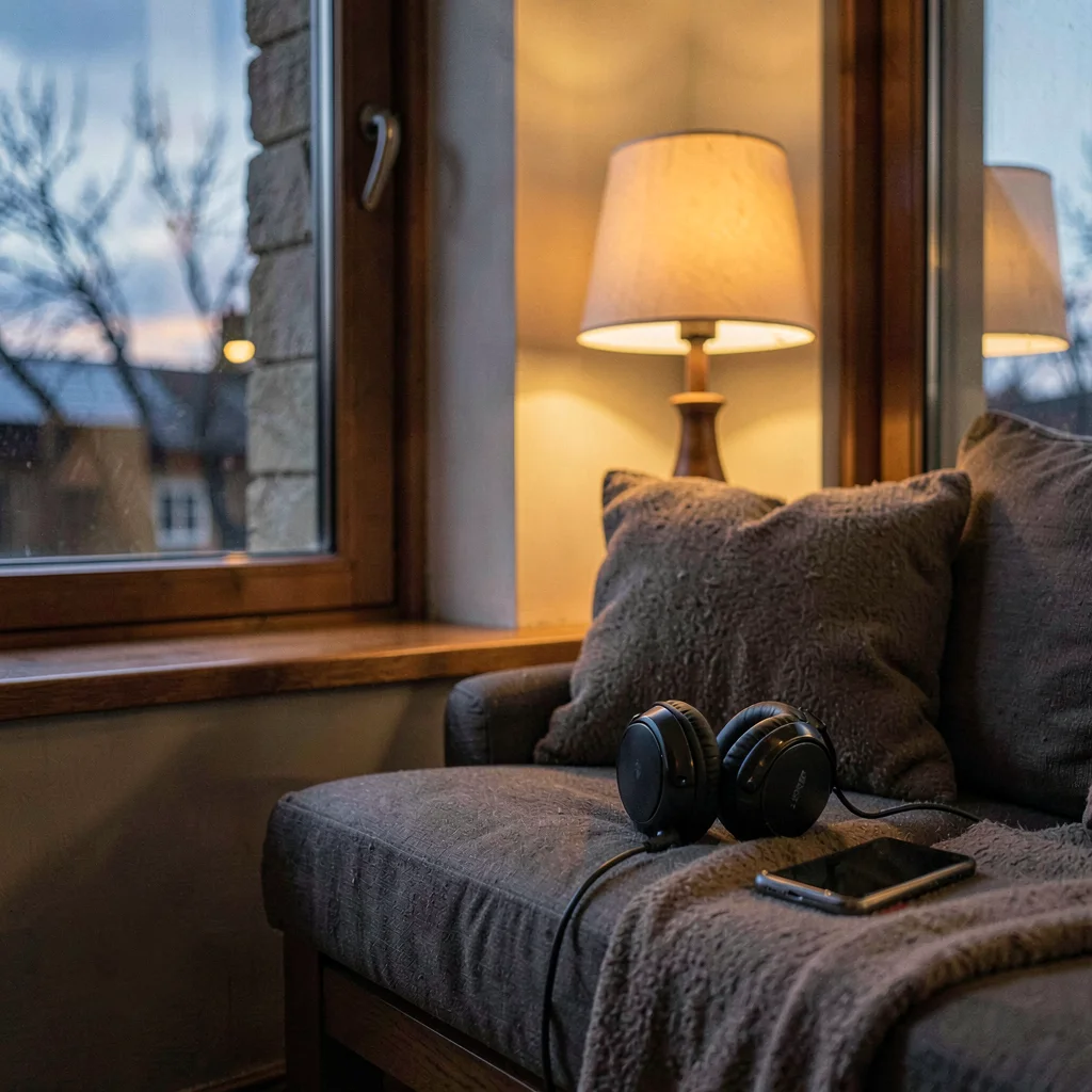 Cozy atmospheric photo of a window seat at dusk with phone and headphones on a c