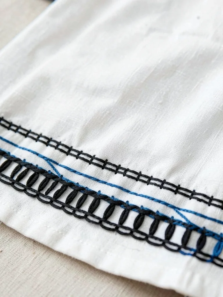 Ainu coat detail — white cotton body with dense black chain stitch border at hem