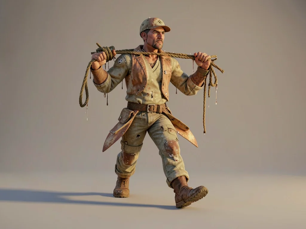 Mid-step a salvage-diver carries a bundle of dripping rope across the shoulders,