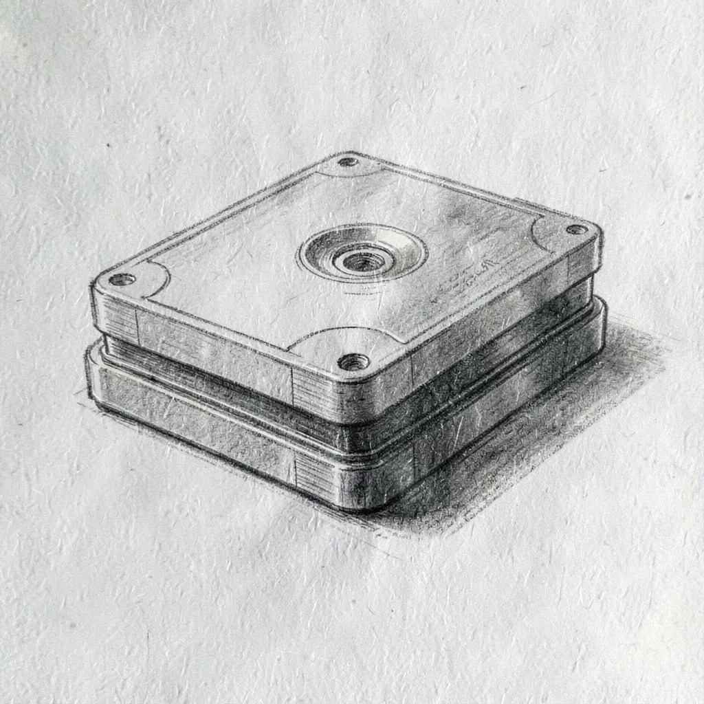 Charcoal study of a stacked endcap of compilation CDs, archival paper grain