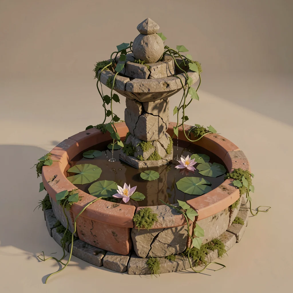 Crumbling stone fountain with vines spilling over the rim, a terracotta basin fi