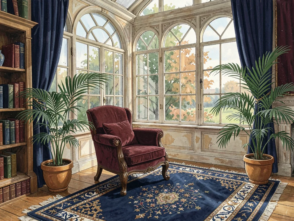Faded Victorian conservatory-library at midmorning with one wall of mullioned gl