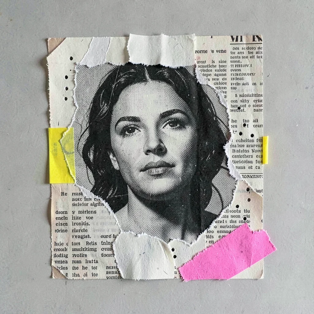 Cut-paper collage zine cover with torn newsprint, a halftone face, and masking t