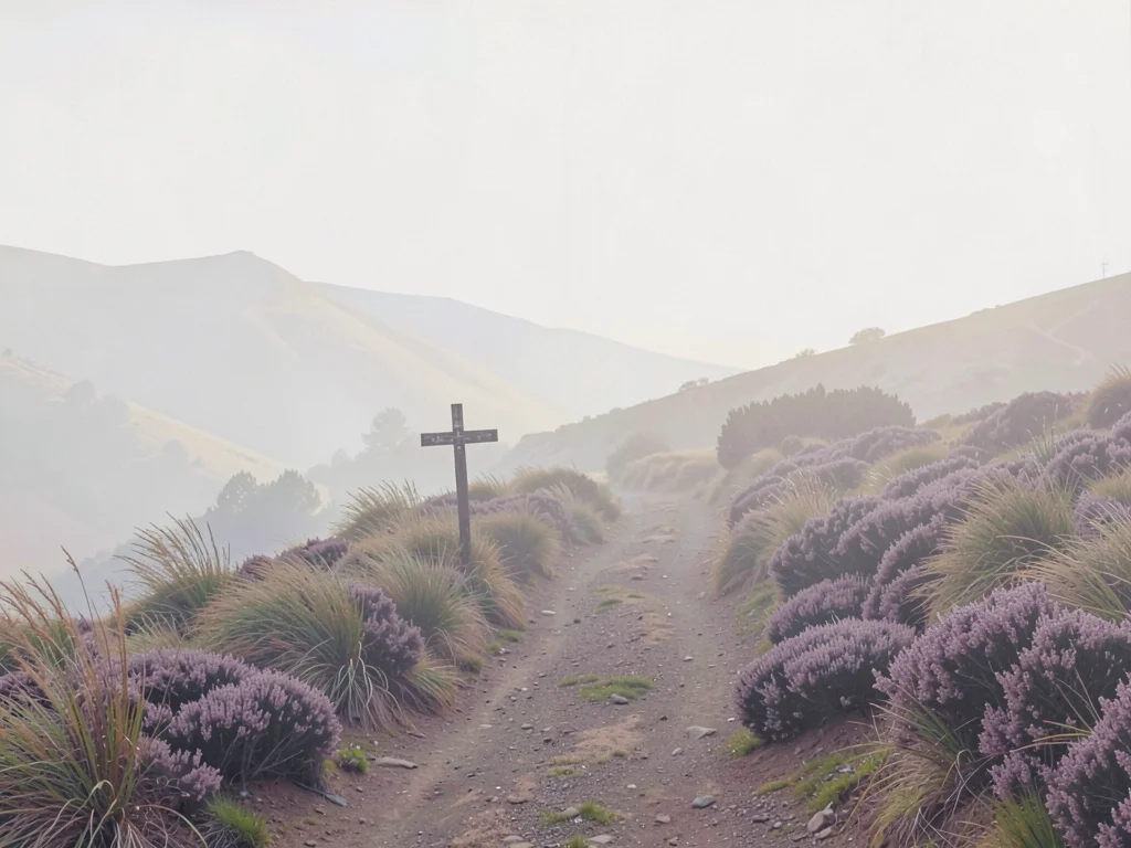 Bracken-flanked hill track with a wayside cross, far ridges pale, foreground hea