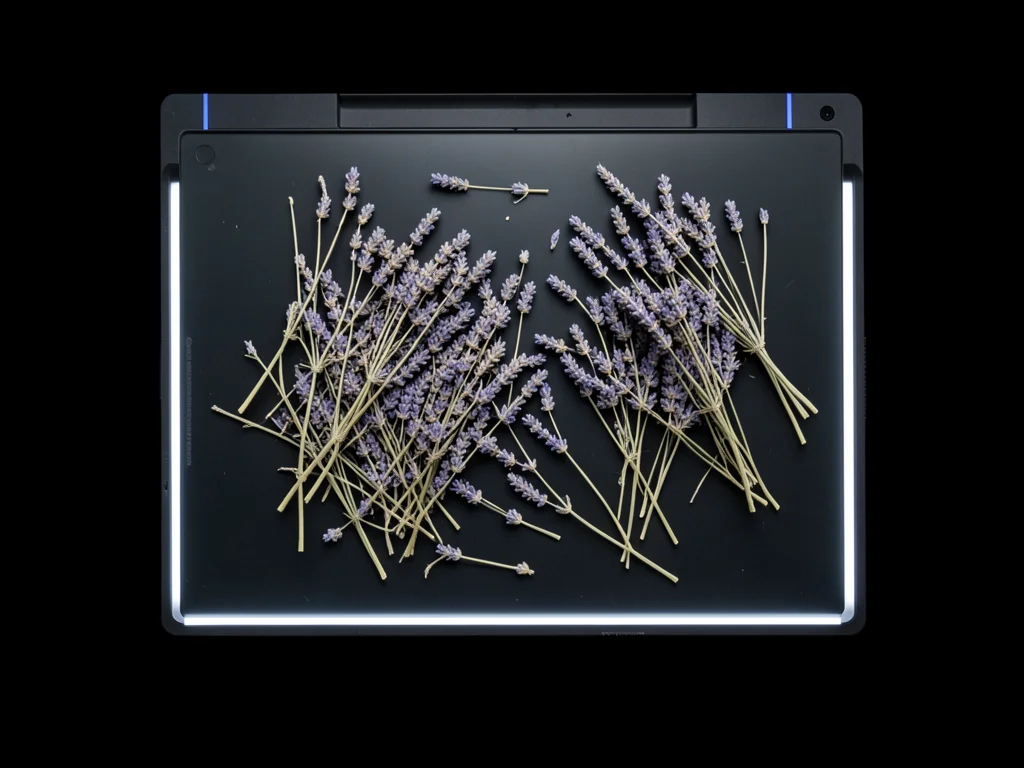 Handfuls of dried lavender scattered across the scanner glass, stems and buds pr