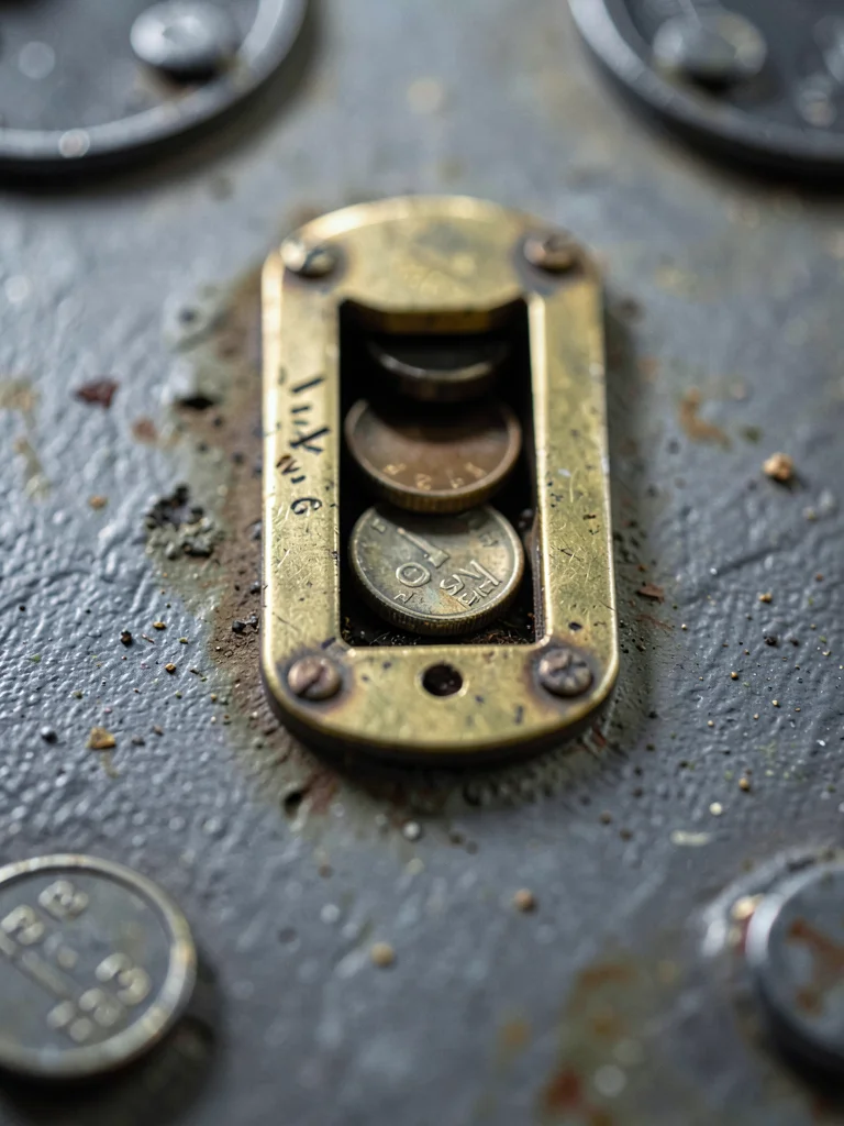 Parking meter coin slot, brass wear marks from decades of quarters