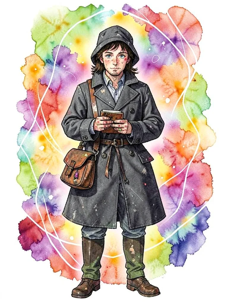 Character tile of a wandering chronicler in a charcoal coat with a worn leather 