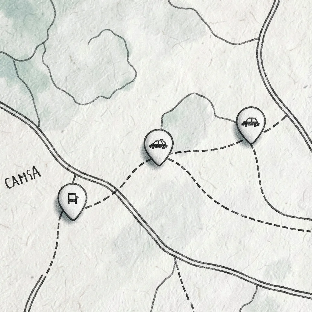 Soft route map of a multi-day road trip with three campsite pins and dashed conn