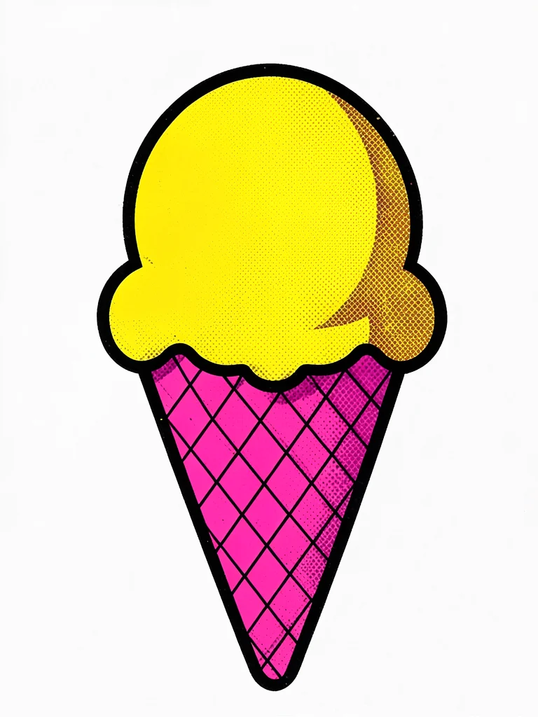 Ice cream cone with a single large scoop, flat yellow and pink, heavy outlines