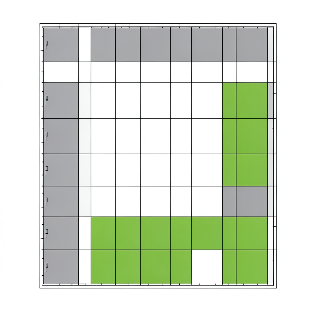 Knolling flat-lay photograph, objects perfectly arranged in grid,. Top-down architectural floor plan of a warehouse, ort