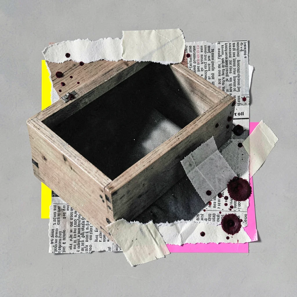 Layered collage of a desk drawer half-pulled open with halftone darkness inside,