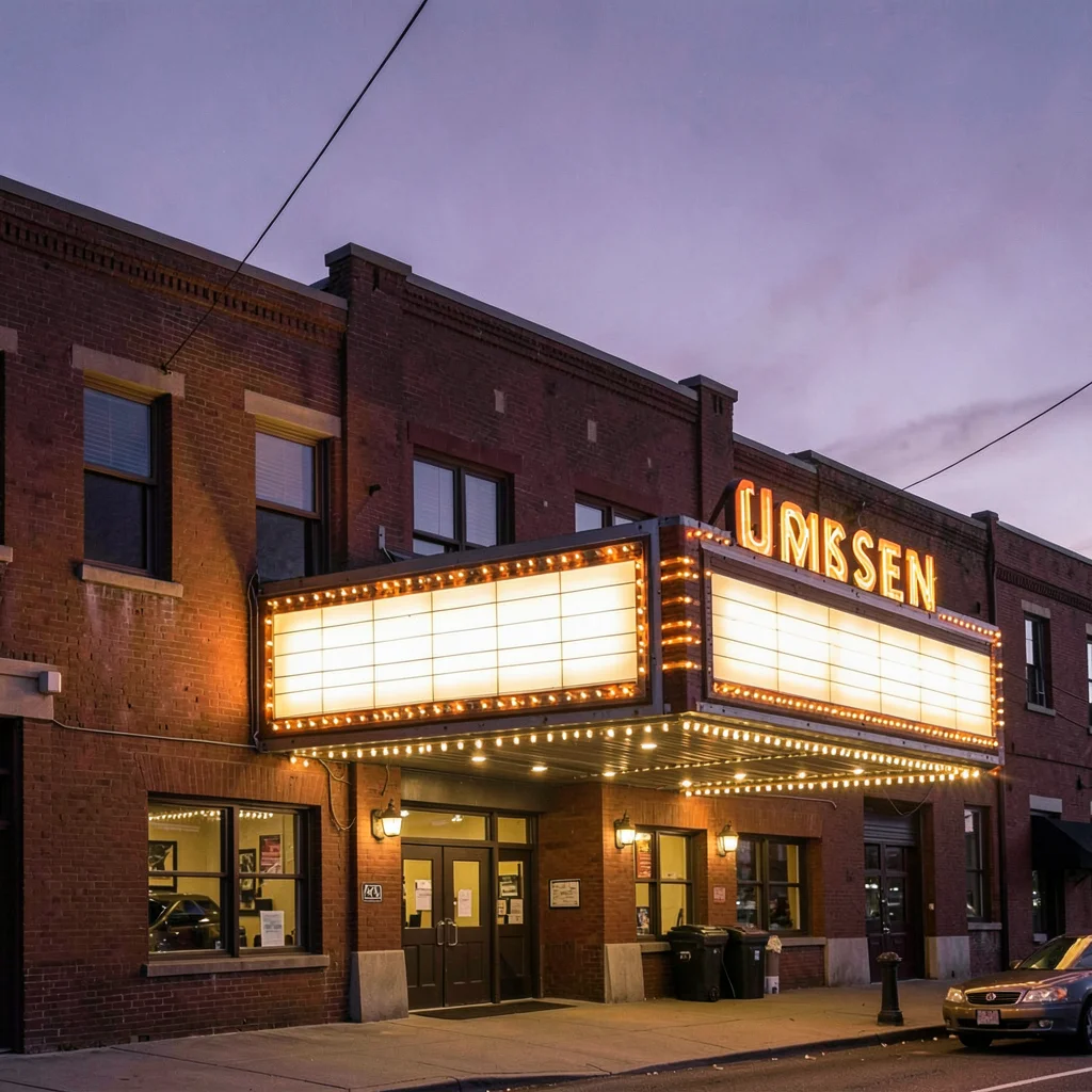 Atmospheric dusk photograph of a community theater facade with warm marquee glow