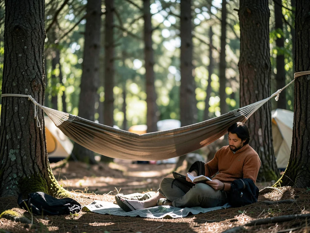 Hammock strung between trees at campsite, person reading, dappled light
