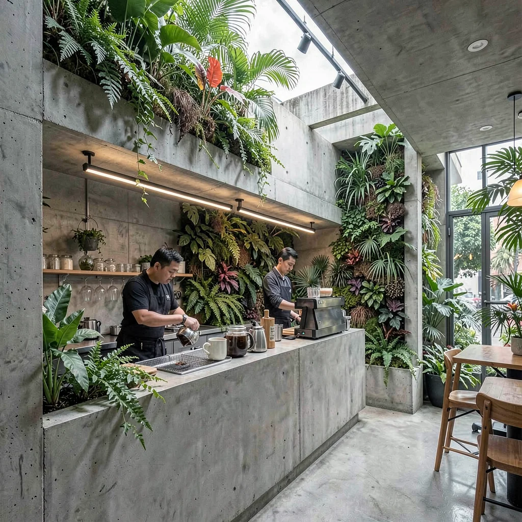 Singapore tropical modernism, green claiming grey, Coffee being poured in cafe w