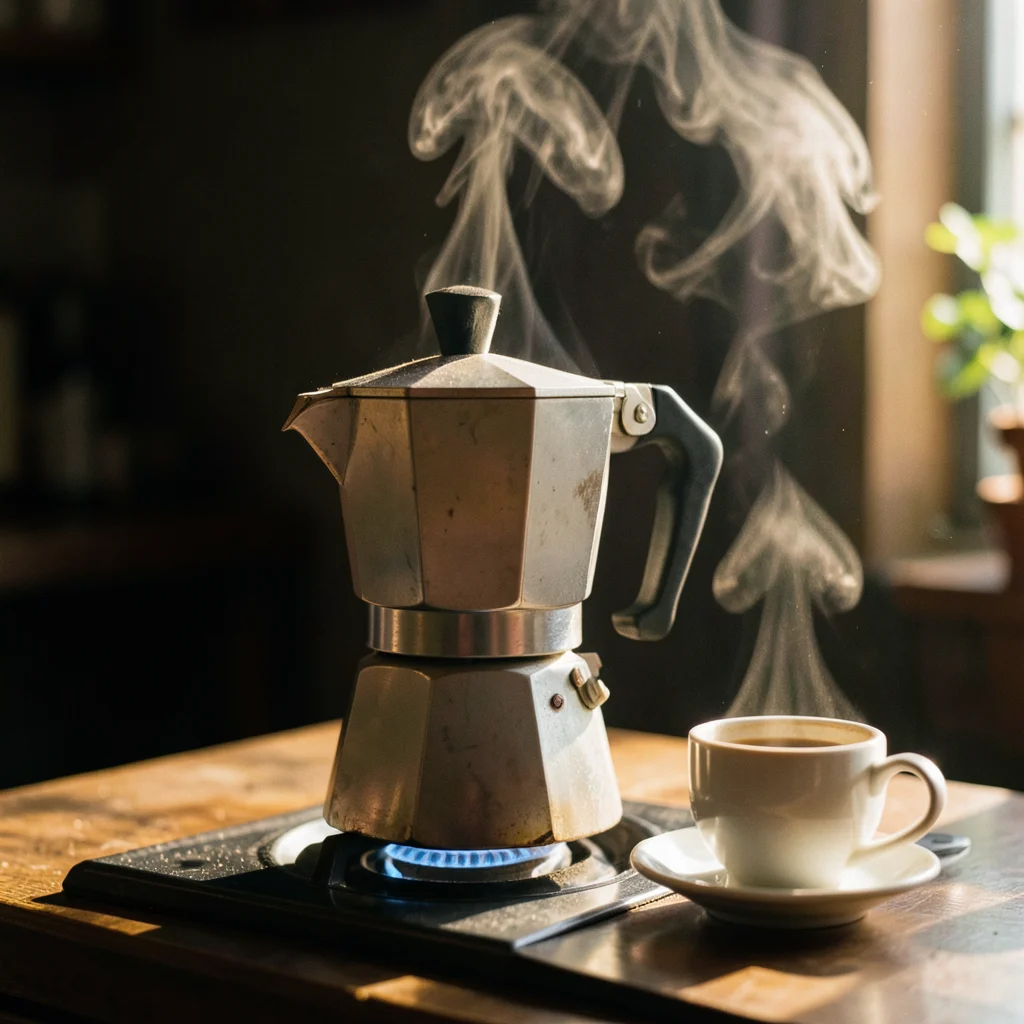 Morning kitchen scene: moka pot on the stove, steam emerging from the top, a sin