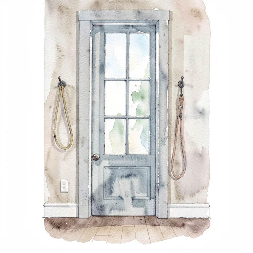 Vertical wash of a studio doorway with a tall window beyond, a dog leash hung on