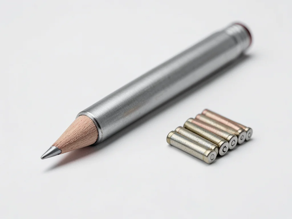 A mechanical pencil in brushed steel, the tip extended, beside a small stack of 