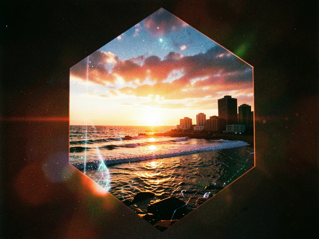 Beach sunset merged with city architecture, double exposure, hexagonal framing