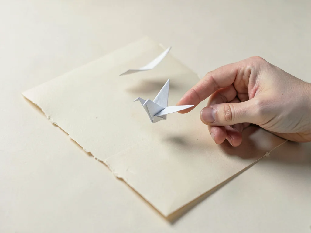Offering a tiny folded paper crane, a papercraft hand reaches toward an empty un