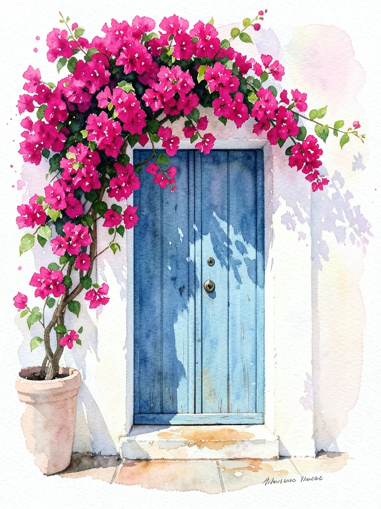 A Mediterranean doorway with bougainvillea, the magenta flowers in vivid quinacr