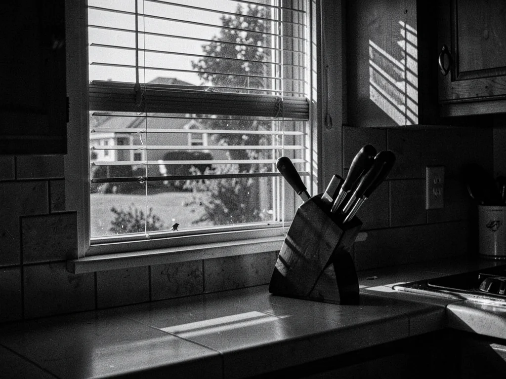 Kitchen window with venetian blind shadows on counter, knife block silhouetted, 